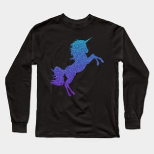 Bright Blue and Purple Ombre Faux Glitter Unicorn Long Sleeve T-Shirt